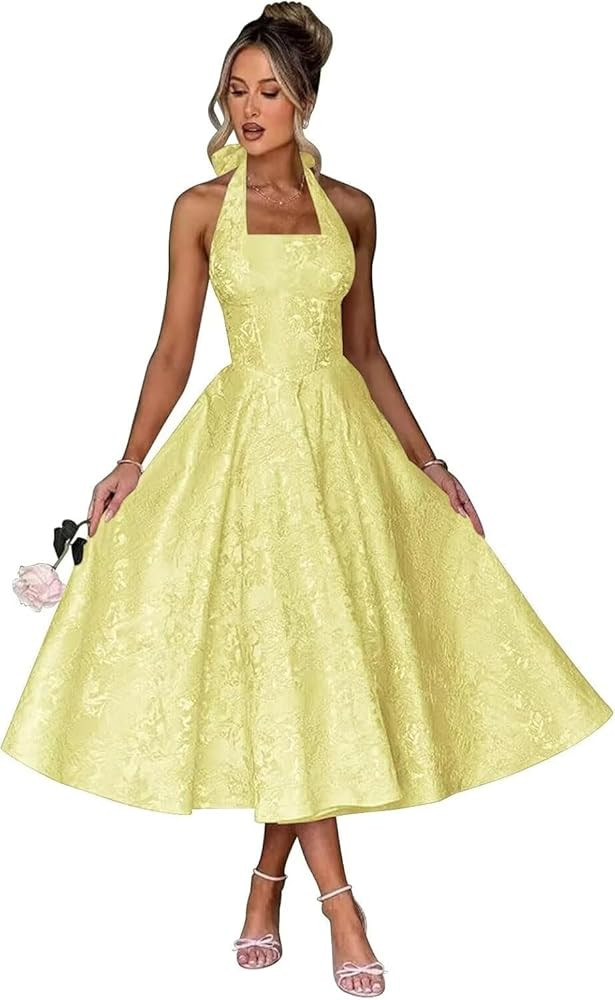Halter Tea Length Prom Dresses 2025 Jacquard Satin A-Line Formal Evening Party Gowns PU241 | Amazon (US)