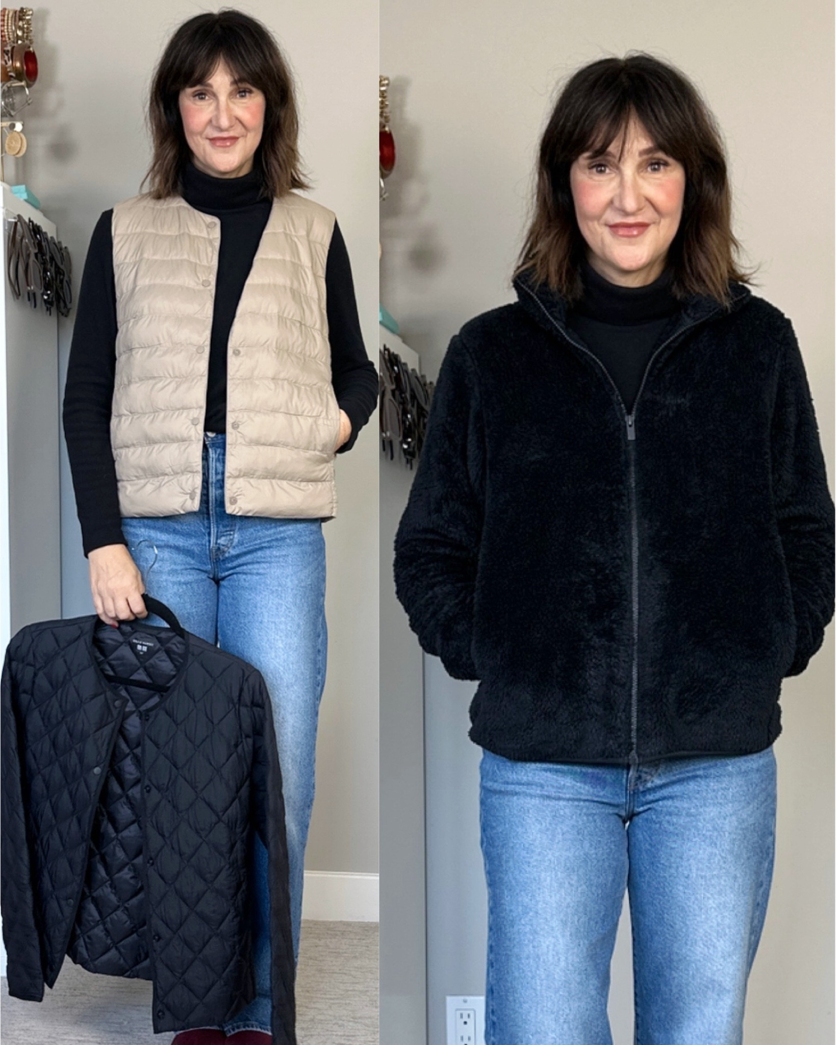 Winter essentials from Uniqlo, I’m 5’ 7” size 4ish wearing my usual size S in the white tee, layering puffer and vest and M in the fleece turtleneck and fleece zip up.


#LTKFindsUnder100 #LTKFindsUnder50 #LTKStyleTip