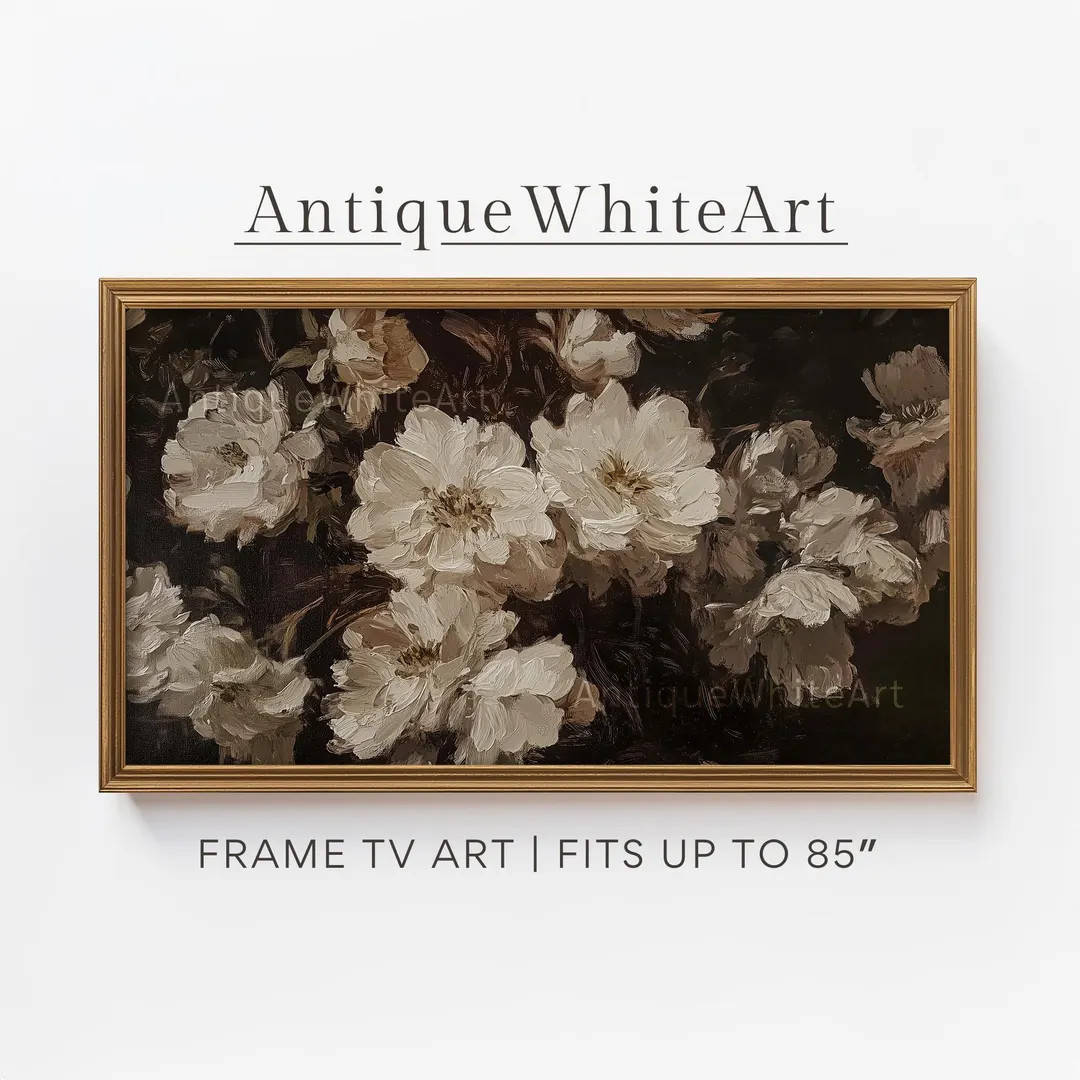 Dark Floral Frame TV Art, Moody Vintage Flowers Oil Painting, Farmhouse Botanical Art, Moody Coun... | Etsy (US)