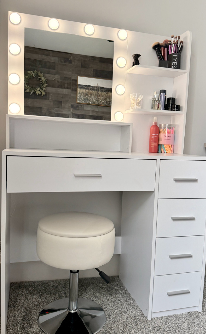 Upgraded my setup with this adorable vanity! And there is even more storage space in the stool! 

 #LTKgrwm #LTKmorningroutine #LTKHome