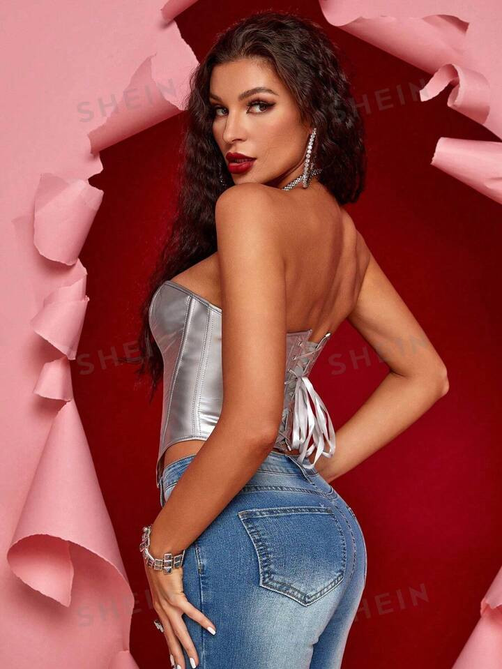 Apperloth A Gothic Metallic Lace Up Back Hanky Hem PU Leather Underbust Corset Top | SHEIN