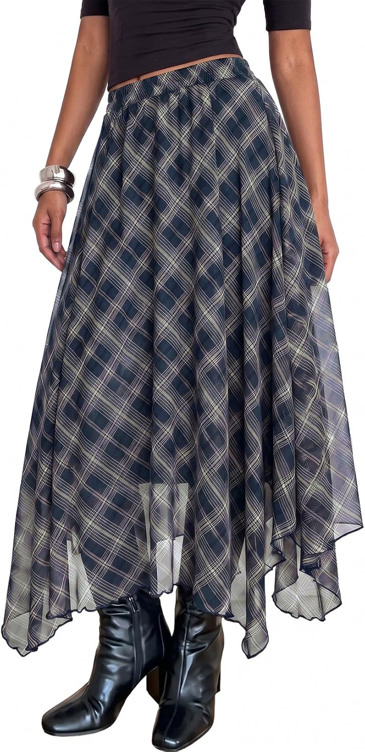 BLENCOT Women's Plaid Flowy Maxi Skirt with Asymmetric Hem | Amazon (US)