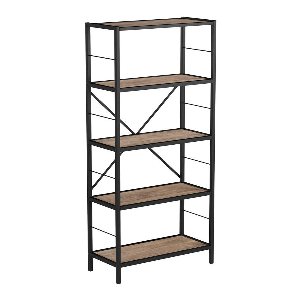 63 in. Brown Woodgrain and Black Wooden 5-Shelf Standard Open Bookcase Industrial Style Etagere Shel | The Home Depot