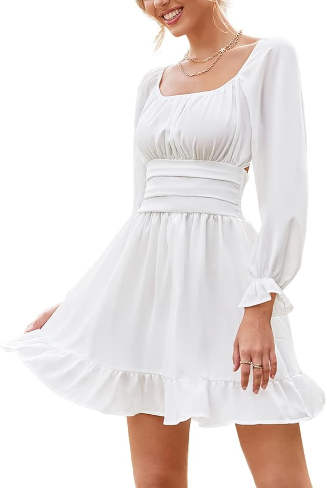 LYANER Women's Square Neck Tie Back Elastic Waist Long Sleeve Ruffle Hem Mini Dress | Amazon (US)
