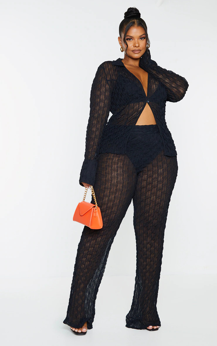 Plus Black Mesh Straight Leg Pants | PrettyLittleThing US