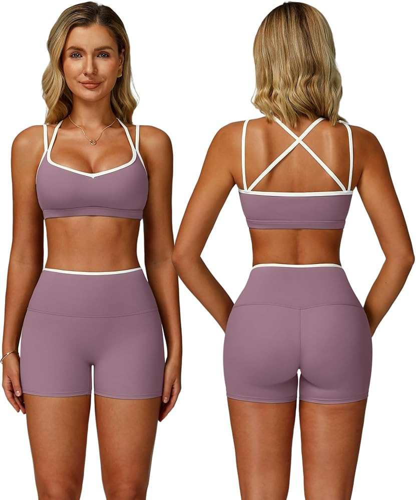 ABOCIW Workout Sets for Women 2 Piece Color Block Strappy Sports Bra High Waist Shorts Gym Yoga P... | Amazon (US)