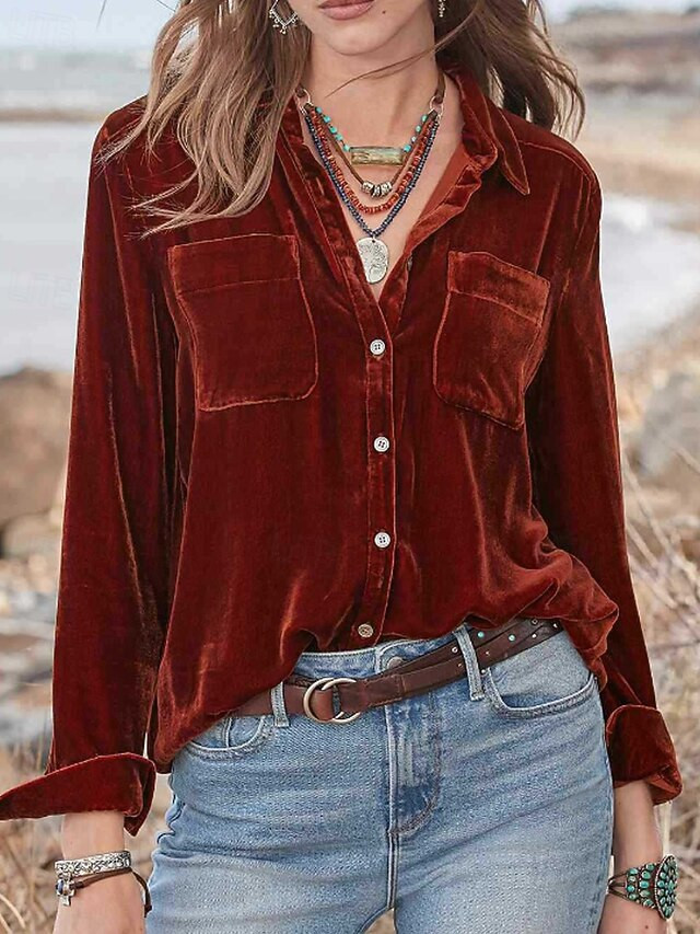 Women's Shirt Velvet Blouse Plain Elegant Long Sleeve Shirt Collar Regular Tops Holiday Going out... | Lightinthebox