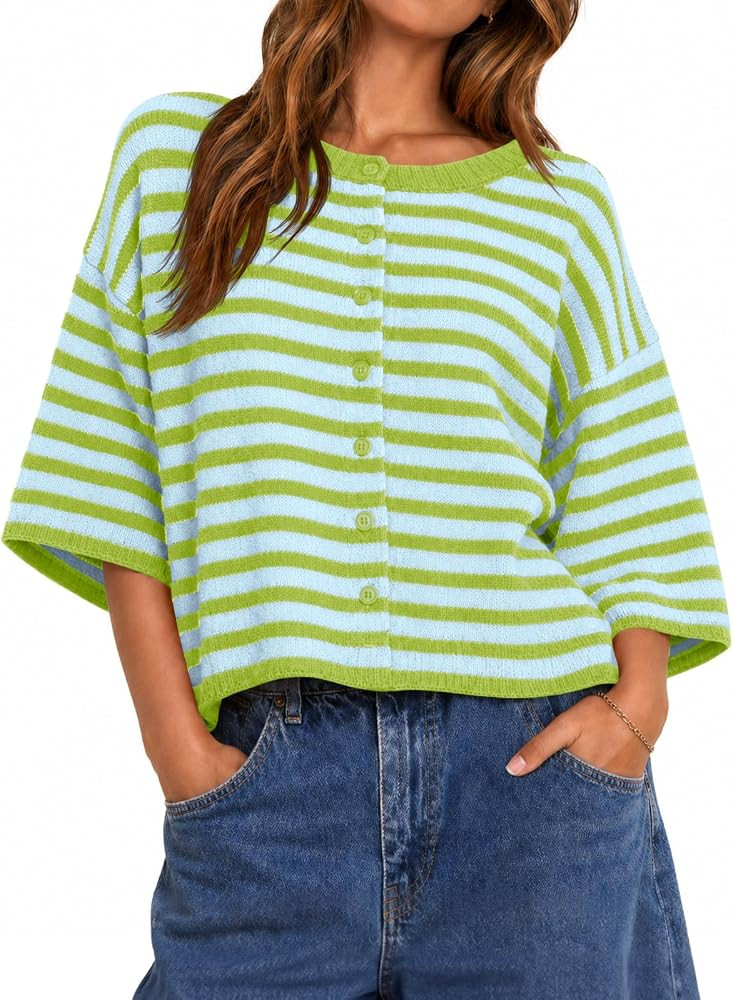Saodimallsu Womens Short Sleeve Cardigan Cropped Striped Button Down Oversized Lightweight Knit S... | Amazon (US)