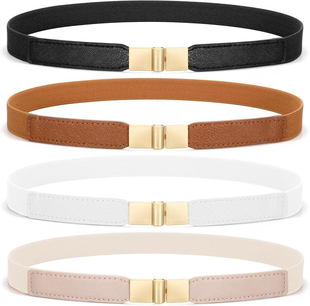 SUOSDEY 4 Pack Women Skinny Elastic Belt, Ladies Stretch Belt for Dresses Pants Thin Waist Gold B... | Amazon (US)