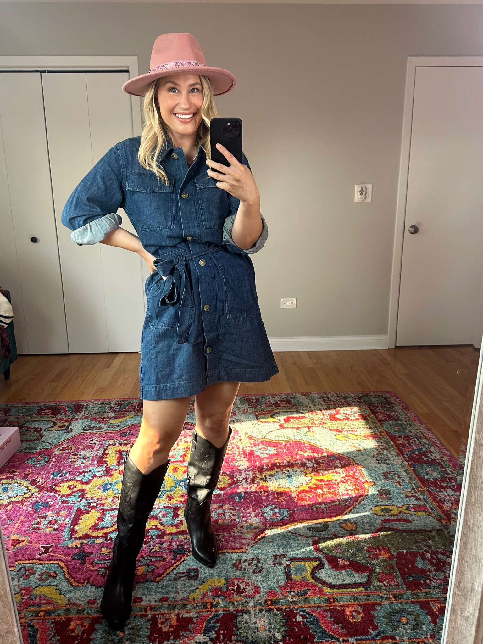 Fall outfit idea for a country concert! Super affordable denim dress, pink hat and black western booties #galloutfit #countryconcert #walmartfinds 

#LTKunder50 #LTKshoecrush #LTKstyletip