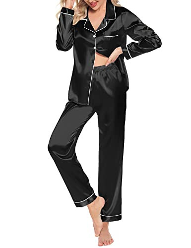 Samring Silk Pjs for Women Set Long Sleeve Satin Pajamas Loungewear 2 Piece Sleepwear Button Down Summer Pj Sets Black M | Amazon (US)