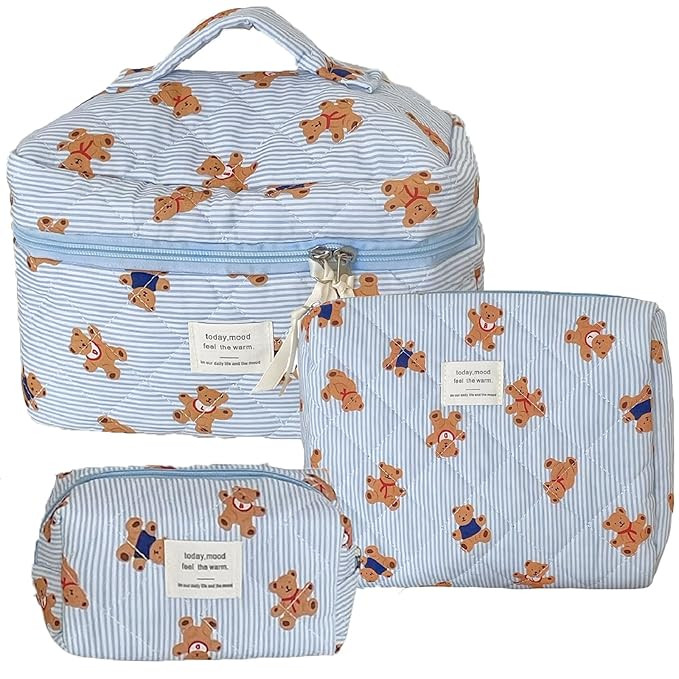 3PCS Quilted Make Up Bag Set Cute Cotton Make Up Pouch Blue Striped Bear Cosmetic Bag Set Large T... | Amazon (US)