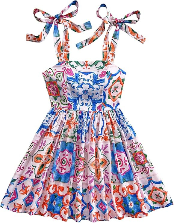 Floerns Women's Summer Floral Print Tie Shoulder Cami Dress Flare Hem Boho Mini Dress | Amazon (US)