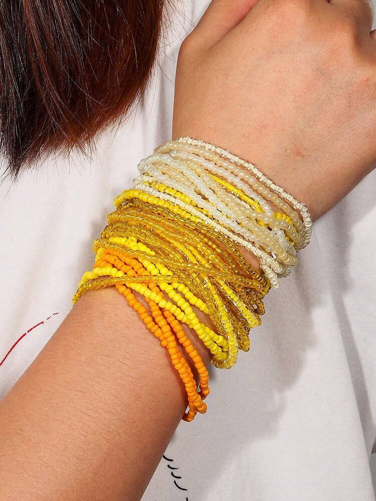 30pcs Bohemian Vintage Style Elastic Bracelet Set, Yellow Ombre Beaded Woven Bracelets, Fashion Jewelry Accessories For Women | SHEIN