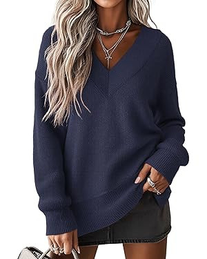 Jouica Women's Sweaters V Neck Pullover Sweater Side Slit Long Sleeve Knit Winter Tops Trendy Out... | Amazon (US)