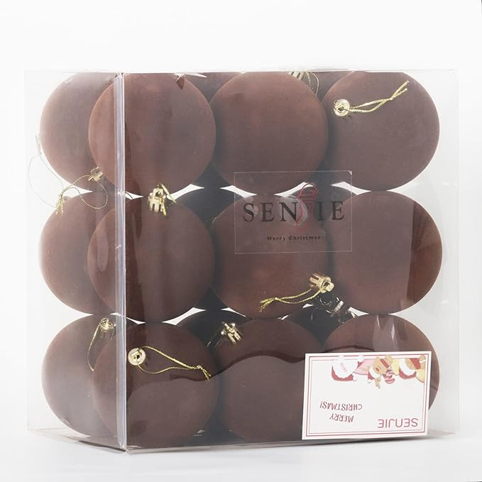 Senjie 18pcs Velvet Ornaments Balls for Christmas Tree, Brown 3.15 inch Shatterproof Flocked Chri... | Amazon (US)