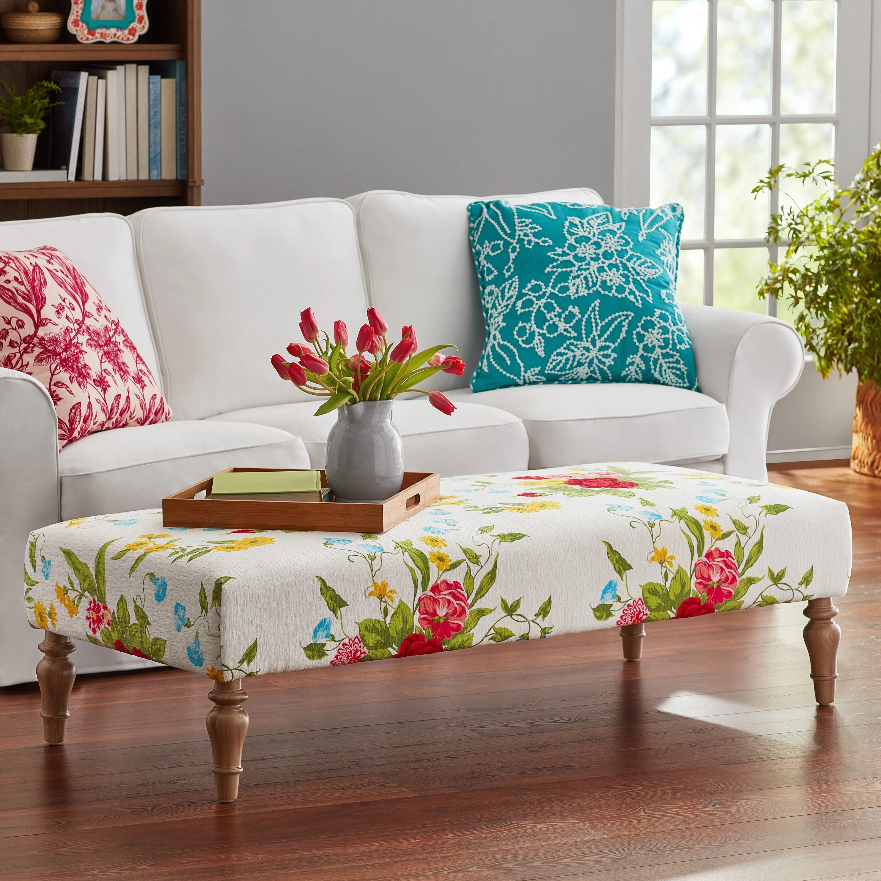 The Pioneer Woman Vintage Floral Fabric Rectangular Ottoman, White | Walmart (US)