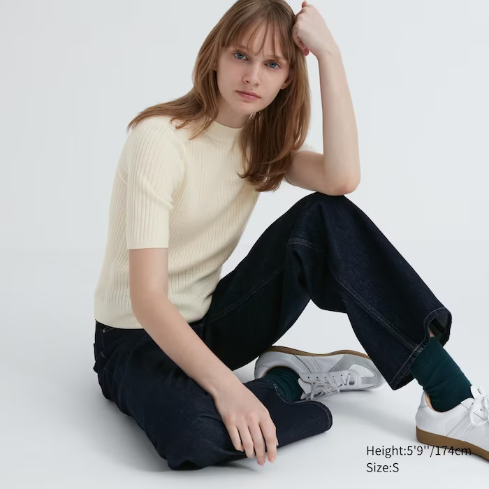 Extra Fine Merino Ribbed Mock Neck Half-Sleeve Sweater | UNIQLO (US)