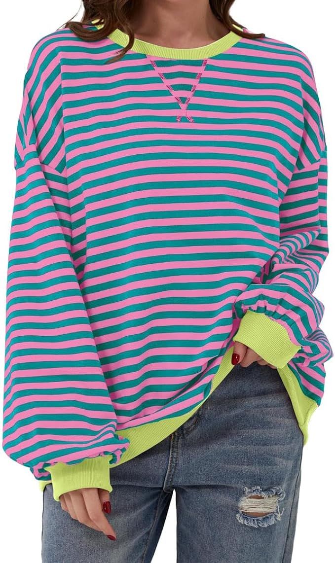 Women Oversized Striped Sweatshirt Color Block Long Sleeve Crewneck Pullover Top Casual Loose Swe... | Amazon (US)
