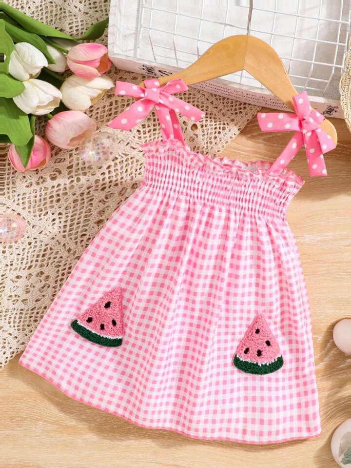 Baby Girls" Red And White Plaid 3D Toweling Strawberry Embroidery Sleeveless Dress For Spring/Sum... | SHEIN