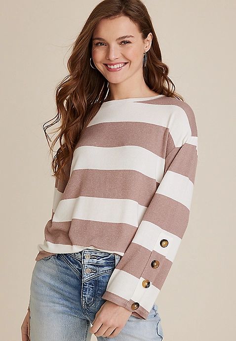 Brown Striped Button Wide Sleeve Tee | Maurices