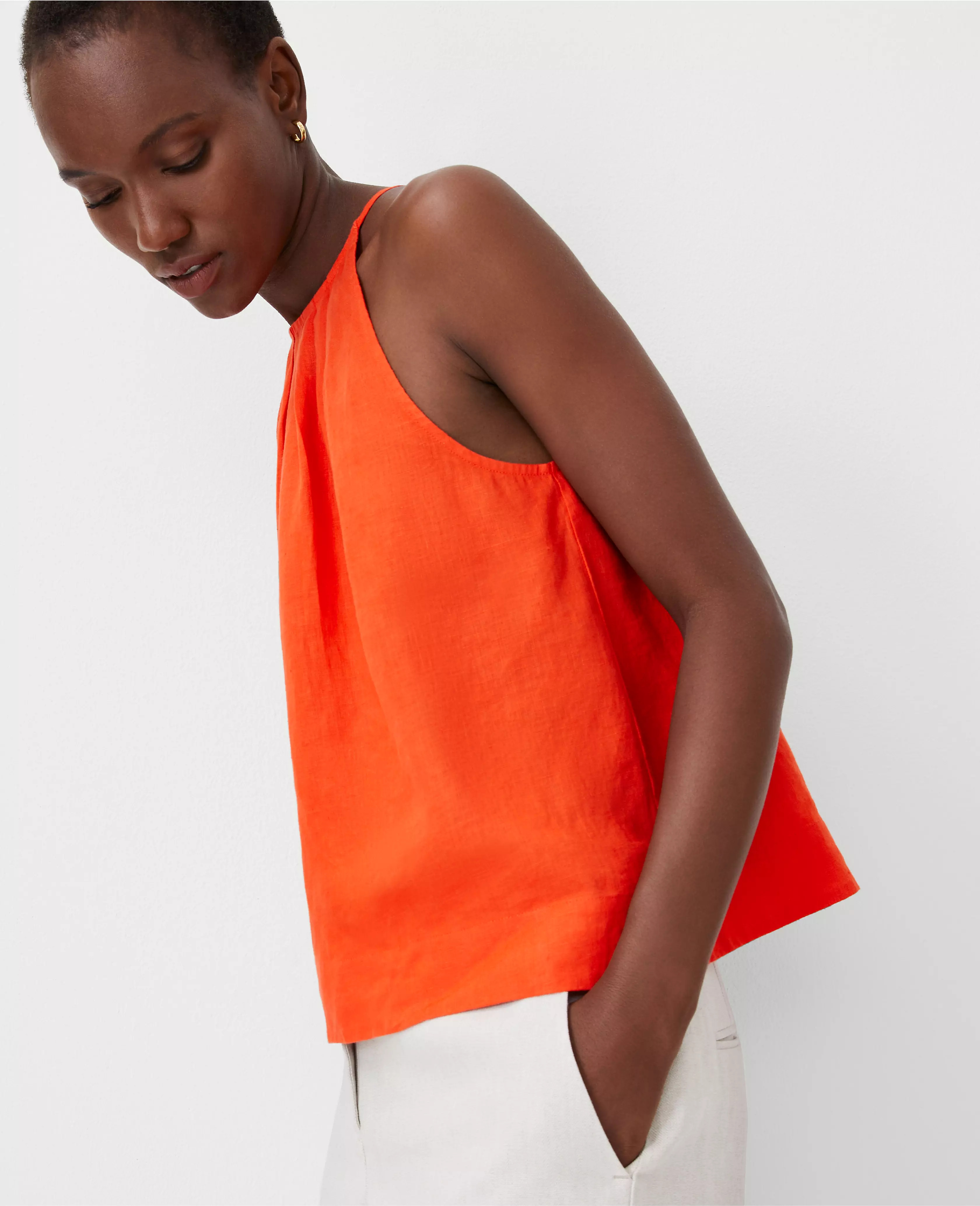 Linen Blend Pleat Neck Halter Top | Ann Taylor (US)