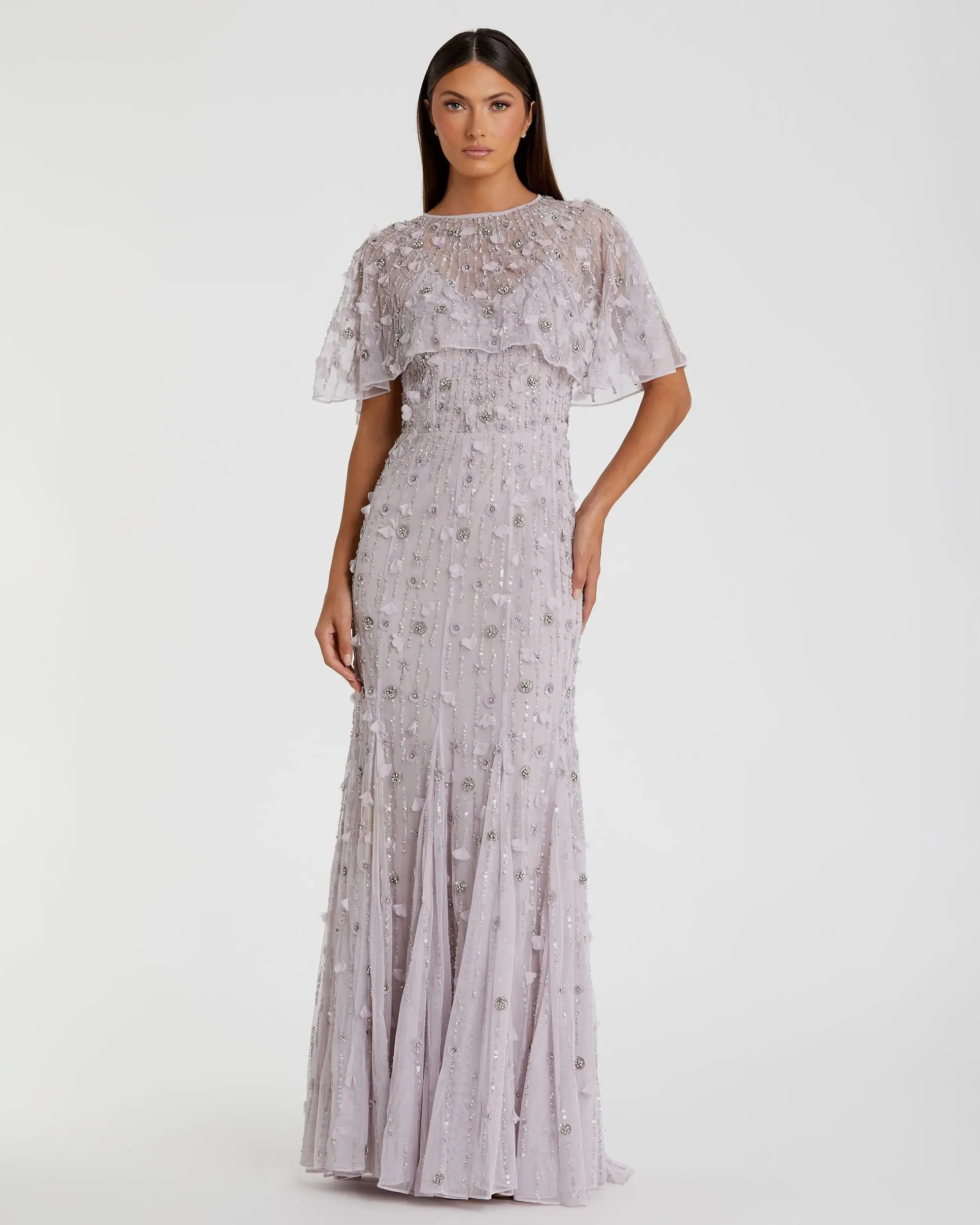 Purple Embellished Illusion Cape Sleeve Trumpet Gown - Mac Duggal | Mac Duggal