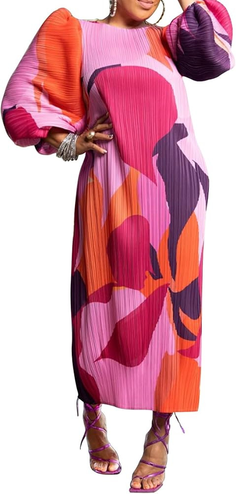 Women Colorful African Dress Floral Puff Long Sleeve Wedding Guest Party Pleated Maxi Dress | Amazon (US)