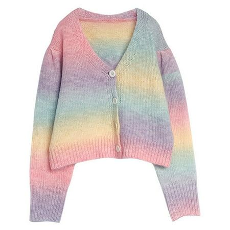 CENDER Women Long Sleeve Rainbow Knitted Sweater Sexy V-neck Loose Pullover Jumper Tops | Walmart (US)