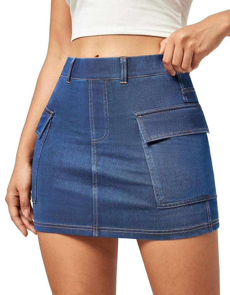 IUGA Jean Skirts for Women Denim High Stretch Cargo Skirt with Shorts Denim Skort Mini Jean Skort... | Amazon (US)
