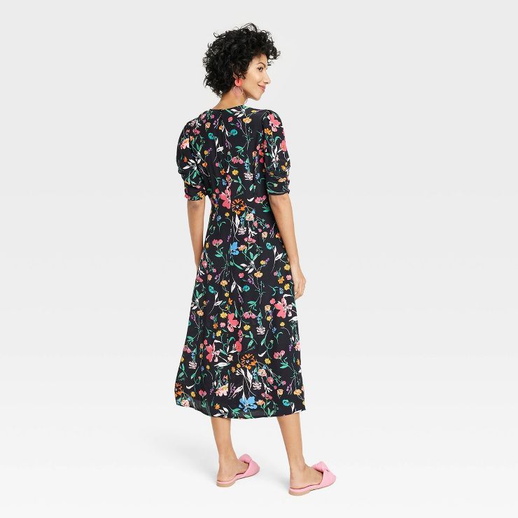 Women's Puff Short Sleeve Ruched A-Line Dress - A New Day™ Black Floral | Target