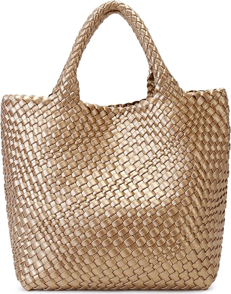 Woven Bag for Women, Vegan Leather Tote Bag Large Summer Beach Travel Handbag and Purse Retro Handma | Amazon (US)