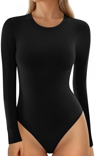 MANGOPOP Women's Crew Neck Short Sleeve Bodysuit Long Sleeve Body Suit T Shirts Basic Slim Fitted... | Amazon (US)