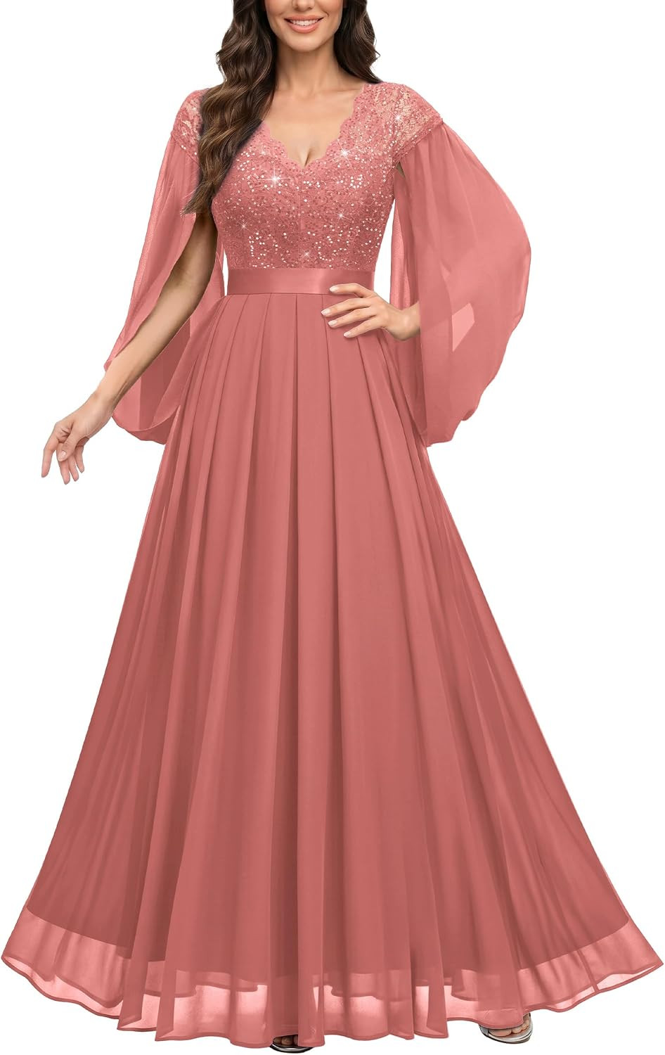 Miusol Women's V-Neck Lace Sequin Cape Split Sleeve Bridesmaid Evening Gown | Amazon (US)