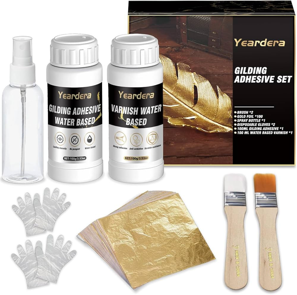 Yeardera Gold Leaf Kit, 100ml Gilding Adhesive and Varnish with 100 Gold Leaf Sheets for Arts, Cr... | Amazon (US)