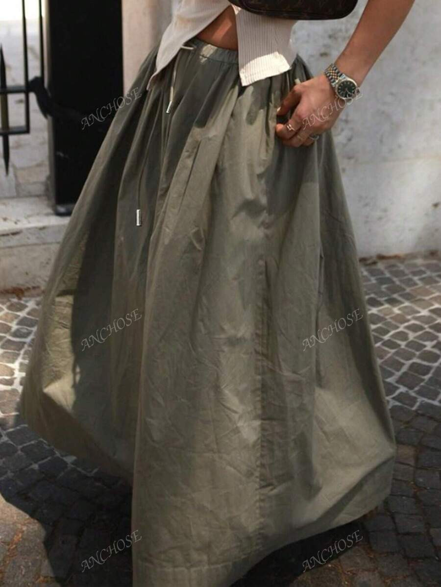 Women's Casual Drawstring Waist With Pockets Loose A-Line Skirt, Spring/Summer | SHEIN