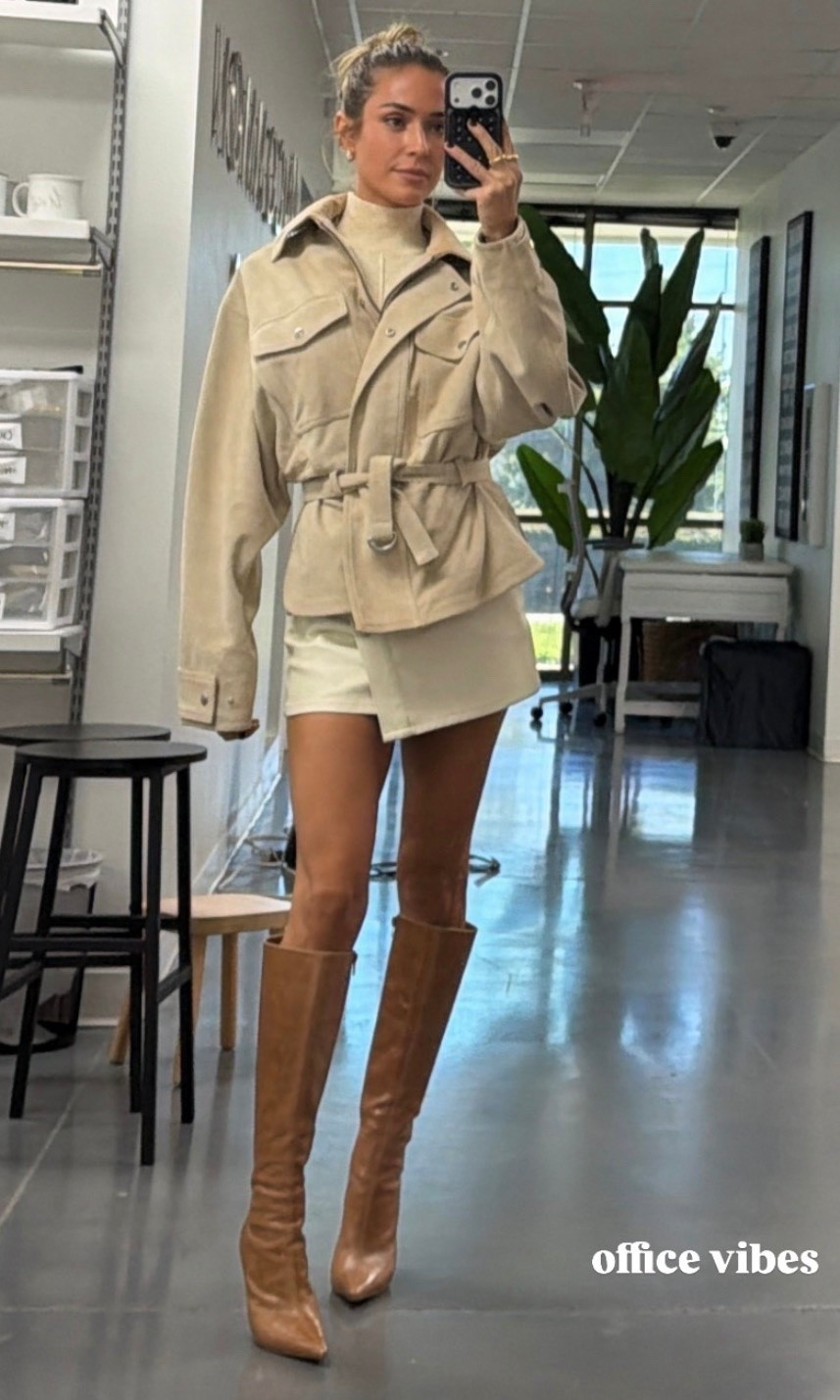 Kristin Cavallari belted short fall trench coat knee high boots