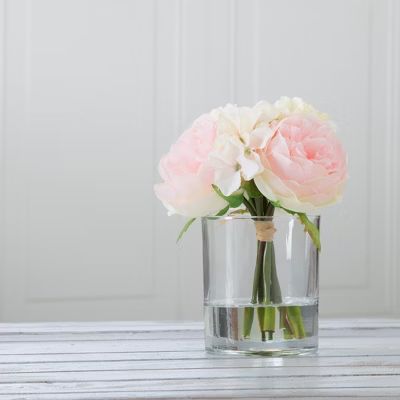 Rose and Hydrangea Floral Arrangement - Pink and Cream Artificial Flowers in Decorative Clear Gla... | Target