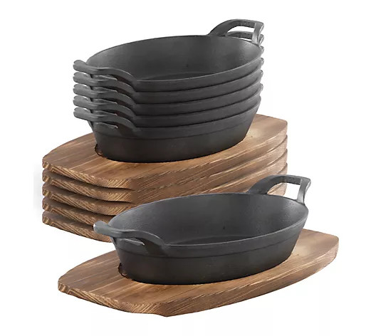 MegaChef 6 Piece Mini Cast Iron Oval Pan with Wood Tray Set | QVC