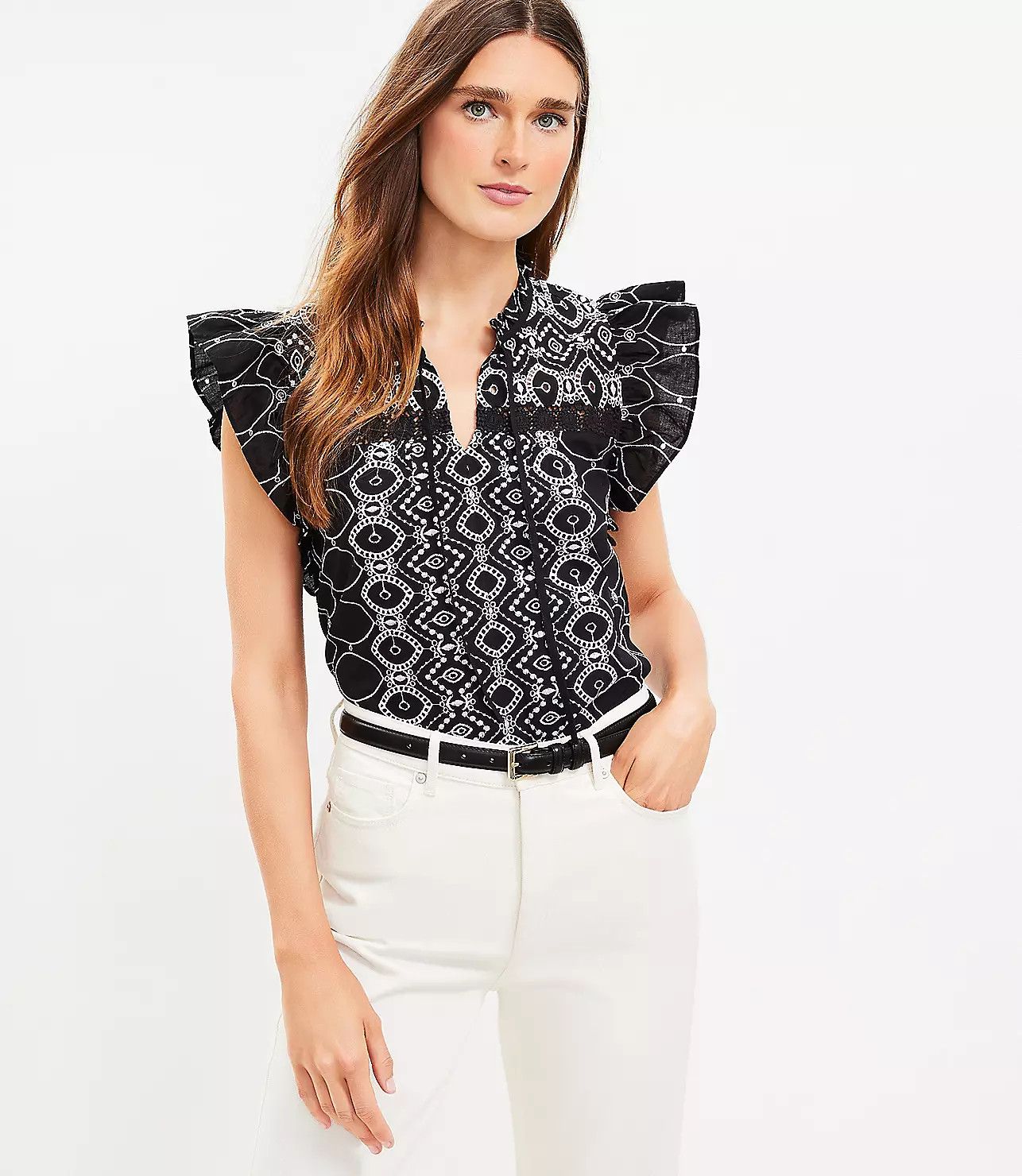 Embroidered Ruffle Tie Neck Top | LOFT
