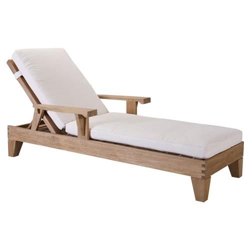 Sara Coastal Beach Natural Teak Upholstered Outdoor Adjustable Chaise Lounge | Kathy Kuo Home