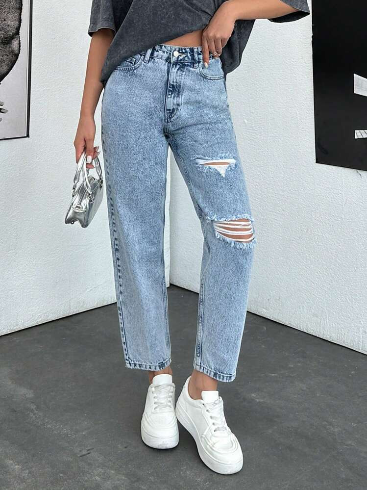 Cottnline HIGH WAIST ACID BLUE WASH DESTROY  MOM JEAN | SHEIN
