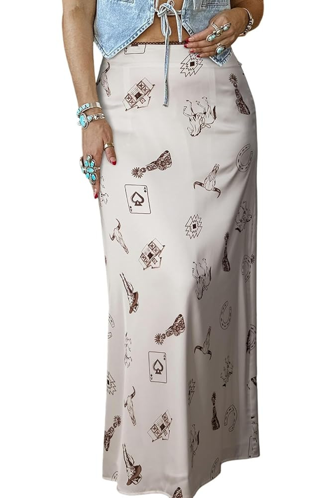 MARZXIN Women 2025 Long Skirts Beige Western Print Satin Long Skirt | Amazon (US)