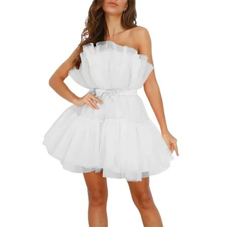 Liacowi Women Fashion Tube Strapless Tulle Mini Dress Off Shoulder Sweet Ruffle Mesh Princess Dress  | Walmart (US)