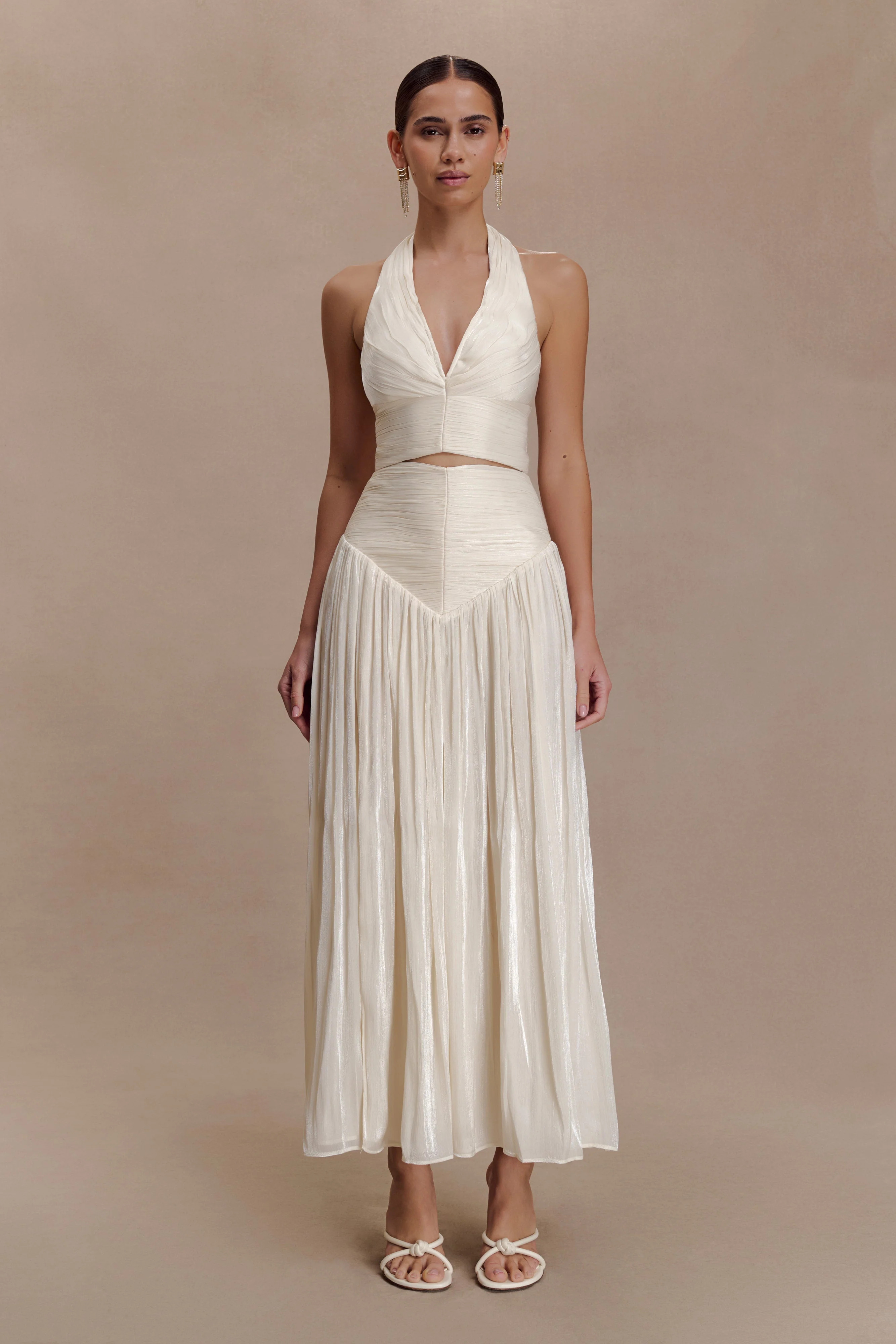 Makena Gathered Midi Skirt - Opal White | Meshki UK