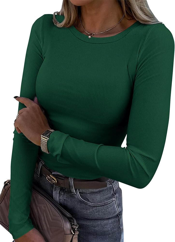 Roselux Womens Long Sleeve Stretch Crewneck Ribbed T-Shirt Fitted Casual Basic Tops | Amazon (US)