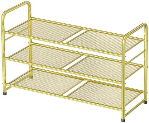 Modern Shoe Rack, 3 Tier Heavy Duty Metal Mesh Shoe Shelf 27 Inch Wide, Gold | Amazon (US)