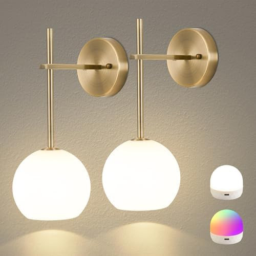Brass Battery Operated Wall Sconces Set of 2, Rechargeable Wireless Wall Lights with Milky White ... | Amazon (US)
