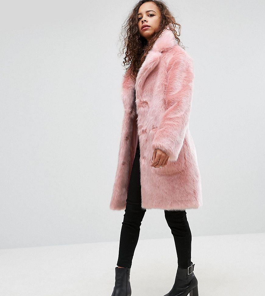 ASOS PETITE Midi Coat in Plush Faux Fur - Pink | Asos EE
