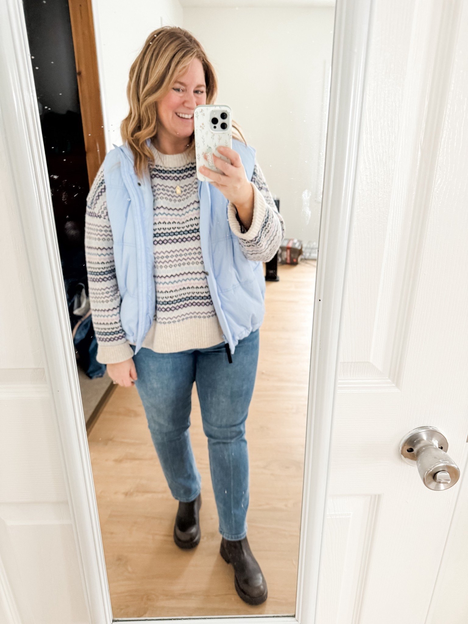 My fair isle sweater is almost sold out so linking similar! Wearing an XL petite in my vest and a 32 w 26 inseam in my Quince jeans.  

#LTKMidsize #LTKFindsUnder50 #LTKPetite